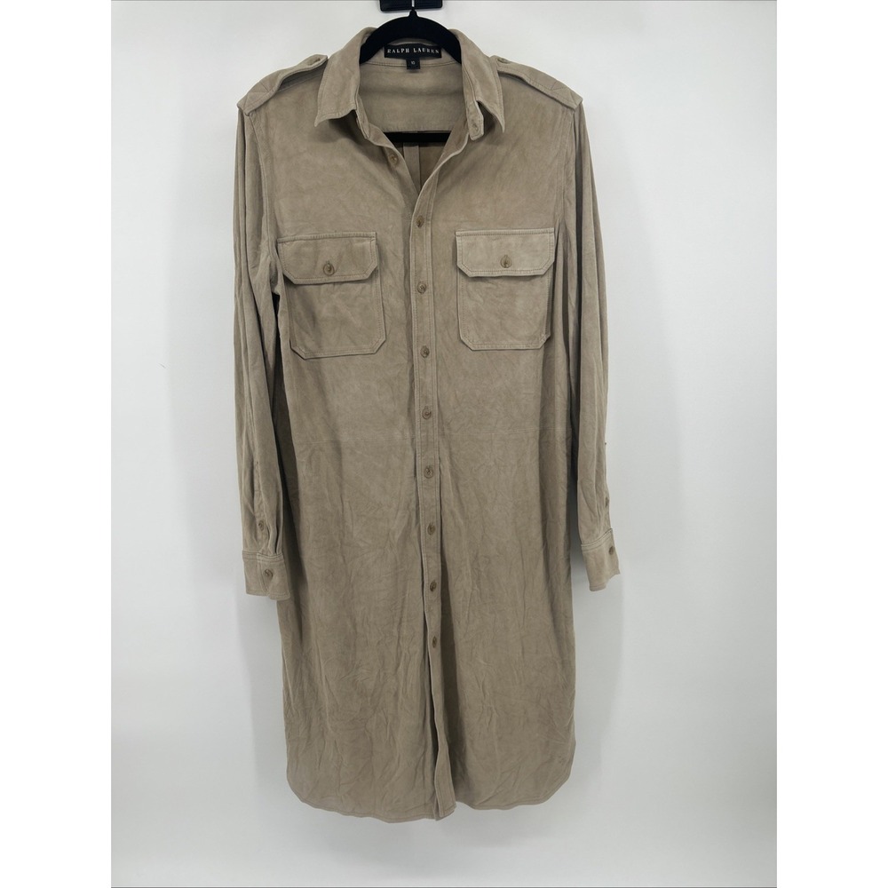 Ralph Lauren Tan 100% Goat Suede Utility Safari Military Shirt Dress - Size 10